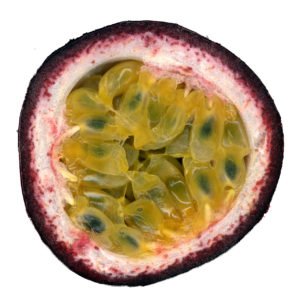 Half of a passion fruit showing seeds